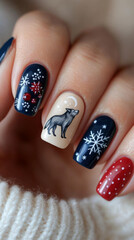 Silver Wolf Nail Art with Moon and Snowflakes