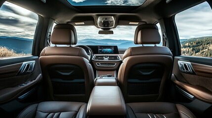 A modern SUV interior from the back seat, highlighting the spacious layout, leather seats, and high-tech front console, ideal for showcasing comfort and luxury.
