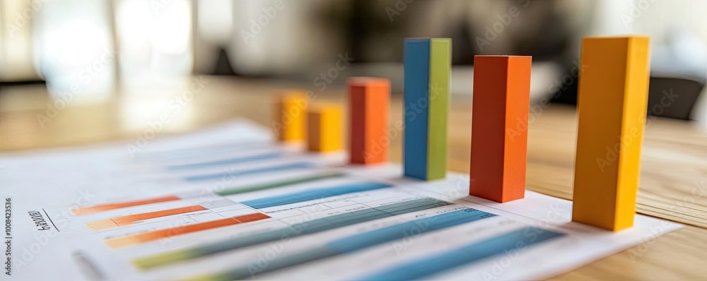 Poster Colorful bar chart displayed on table, representing data analysis and financial growth in a modern office environment.