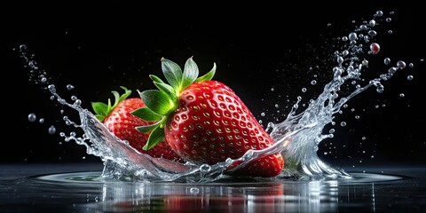 A dynamic illustration featuring a vibrant strawberry splashing into water, set against a striking black background, showcasing the beauty of nature through generative AI art.