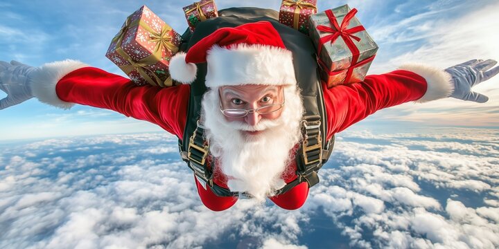 Santa Claus as a skydiver jumps to earth with a parachute and many gifts on his back
