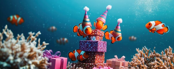 Clownfish Festively Celebrate Underwater with Party Hats
