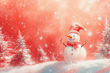 Snowman in a festive winter landscape with trees and snowflakes