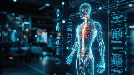Transparent digital body model with a health interface showing scientific data for medical diagnostics.