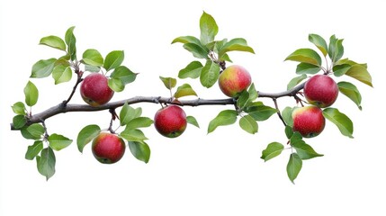 Obraz premium Tree branch with plump red apples and lush green leaves, isolated on a white background