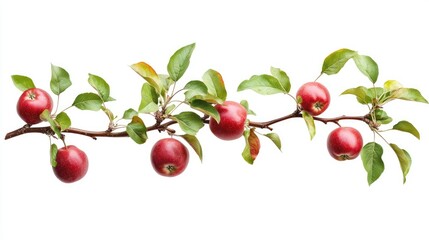 Tree branch with plump red apples and lush green leaves, isolated on a white background