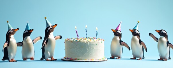 Penguins Celebrating with Party Hats and Cake