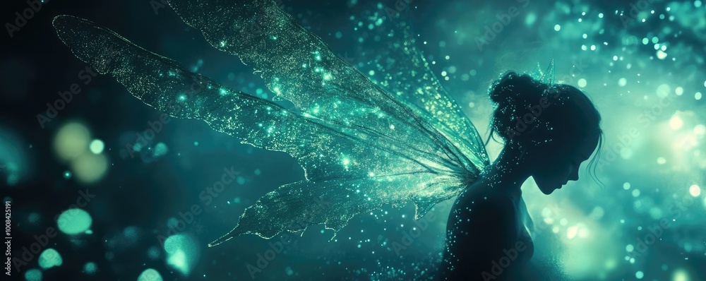 Poster enchanting silhouette of a fairy with glowing wings, set against a mystical backdrop of shimmering l