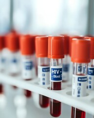Close-up of blood collection tube labeled for HIV testing with clear, sharp focus