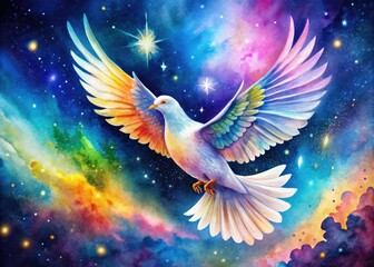 Obraz premium A graceful dove painted in watercolor soars through a night full of stars, symbolizing peace, hope, and spirituality, inviting a sense of calm and wonder.