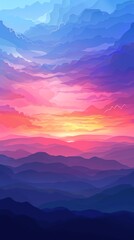 Fototapeta premium Vibrant sunset over distant mountains with a gradient of pink, purple, and blue hues.