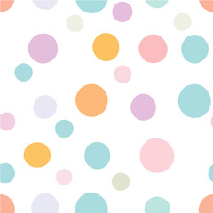 Playful pastel polka dot pattern on a white background, ideal for kids' decor, stationery, and playful designs.