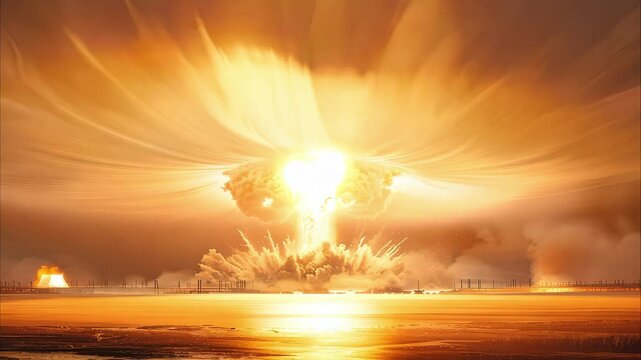 A large nuclear explosion is depicted, with a massive mushroom cloud and fiery sky, set against a desolate landscape.