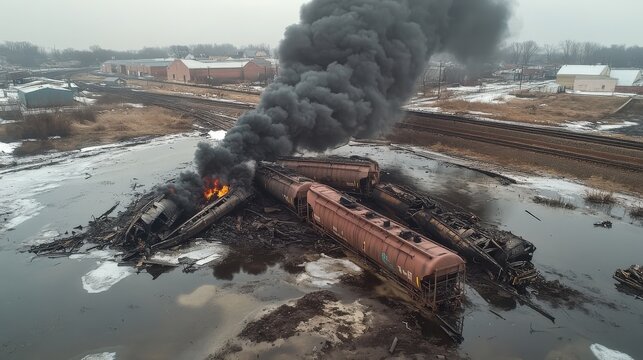 Train Derailment with Flames and Smoke, Aerial Disaster Scene