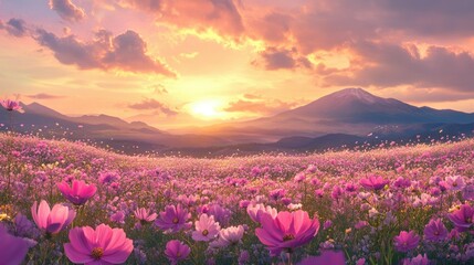 Fototapeta premium A serene cosmos flower field stretching towards distant mountains at sunset, the sky ablaze with golden and pink hues reflecting off the petals.