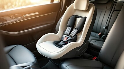 A sleek, empty child safety seat in a family car, emphasizing modern safety technology and soft, durable materials, perfect for parenting and car safety themes.