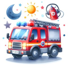 Cute hand drawn watercolor fire engine emergency service childs poster wall art.