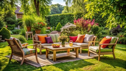 Cozy Garden Furniture Set Surrounded by Lush Greenery for Family Gatherings and Outdoor Relaxation