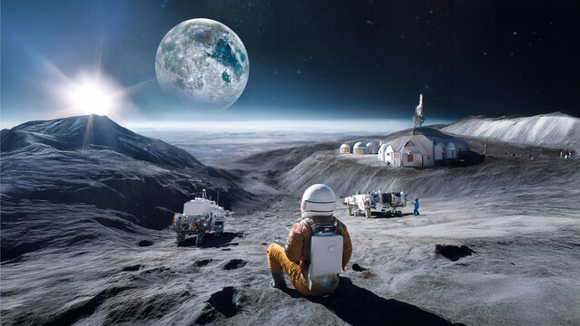 K&uuml;nstlerische Darstellung des Lebens auf dem Mond: Menschen in futuristischen St&auml;dten, Mondfahrzeuge, Rohstoffabbau. Die Erde schwebt am Horizont als Erinnerung an die Heimat.