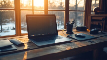Cozy Workspace with Laptop and Natural Light