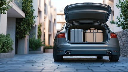 A spacious car trunk open wide, showcasing ample storage room, perfect for family road trips or transporting luggage, set in a clean urban background.