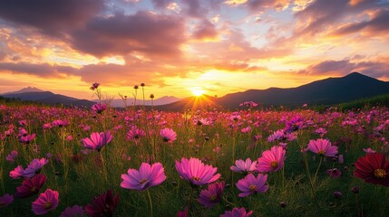 Fototapeta premium A stunning view of a vibrant cosmos flower field at sunset, with golden light illuminating the blooms, and majestic mountains in the distance under a colorful sky.