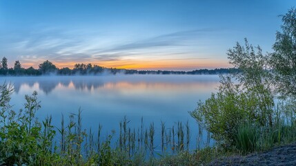 Fototapeta premium Calm lake with mist at sunrise, framed by greenery.