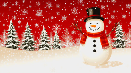 Obraz premium Snowman in a festive winter landscape with trees and snowflakes