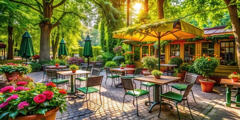 Obraz premium Cozy outdoor coffee shop in a lush park setting with inviting seating and vibrant greenery around