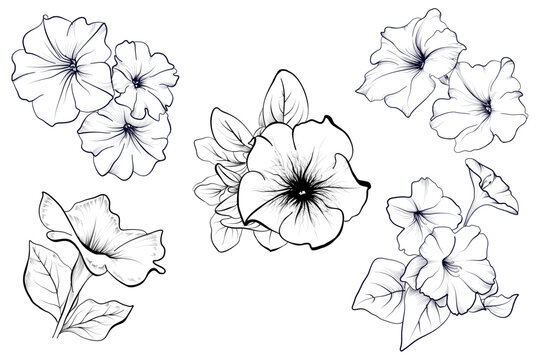 set of black and white hand-drawn pitunia flowers vector illustration