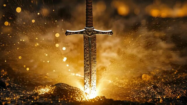 A silver sword is thrust into the ground, surrounded by glowing embers and sparks