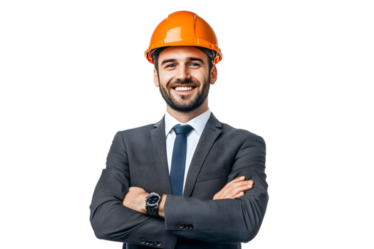 Smiling male engineer with arms folded, in formal attire and a construction helmet, isolated on white background