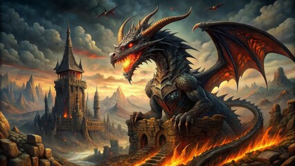 A black dragon perched on a crumbling tower watches over a cursed land bathed in dark magic