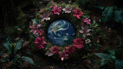 Obraz premium Earth surrounded by vibrant flowers in a lush forest setting