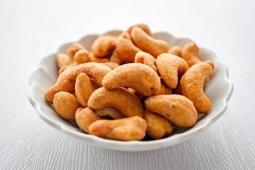 Salted cashew nuts in white  bowl on white background 