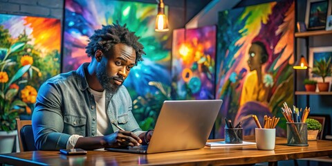 Obraz premium Creative black digital artist working on laptop in modern studio with vibrant digital art around