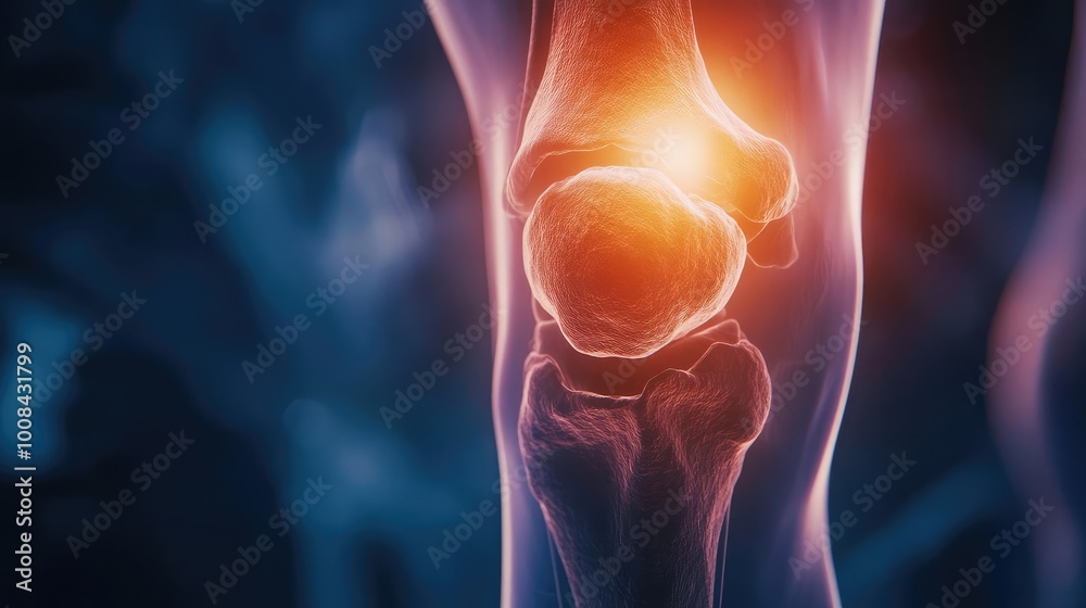 Poster a detailed view of a human knee joint showcasing anatomy and highlighting the interaction of bones a