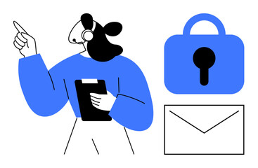 A person with headset holding a clipboard, pointing. Large padlock and envelope represent secure communication. Ideal for customer service, call centers, digital communication, data protection, IT