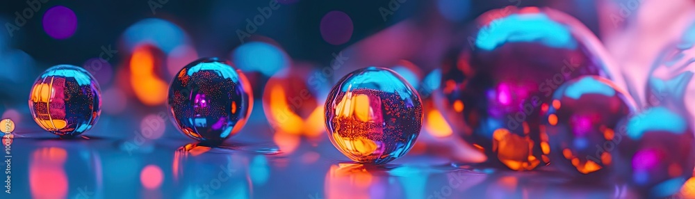 Poster colorful, reflective spheres arranged artistically, creating a vibrant display of light and color on
