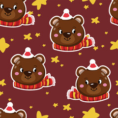 Seamless vector pattern with cute hand drawn christmas bears in winter clothes