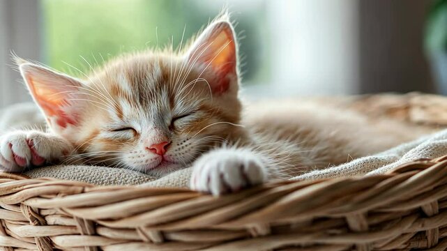 A small, orange tabby kitten sleeps peacefully in a wicker basket