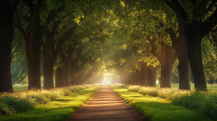 Obraz premium Golden Sun Rays Through Dense Tree Lined Pathway in Early Morning