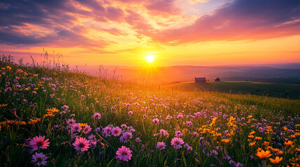 Fototapeta premium Sunset Over A Flowering Meadow With Soft Light And Distant Barn Natural Serenity At Dusk