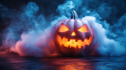 Spooky jack o lantern surrounded by smoke and mist. Happy Halloween. Jack-o-lantern.