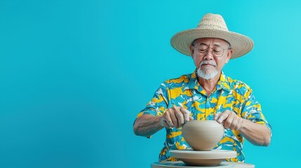 An elderly man in a vibrant shirt and straw hat crafts pottery on a wheel, showcasing traditional artisan skills against a bright blue backdrop.