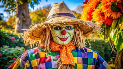 Creative Scarecrow Costume for Halloween Celebrations with Straw Hat and Colorful Patchwork Outfit