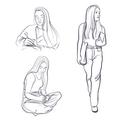 a set of hand-drawn drawings of a schoolgirl girl, a student writing in a notebook walking with books in her hands vector