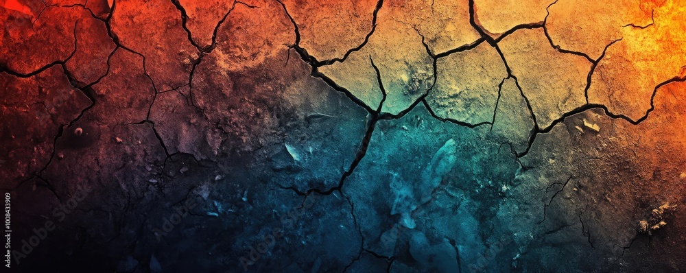 Poster a vibrant textured surface with cracks, blending warm and cool colors, ideal for backgrounds or arti