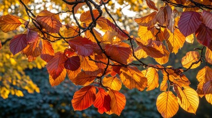 Fototapeta premium Close-up of autumn leaves on a tree branch, backlit by the sun.