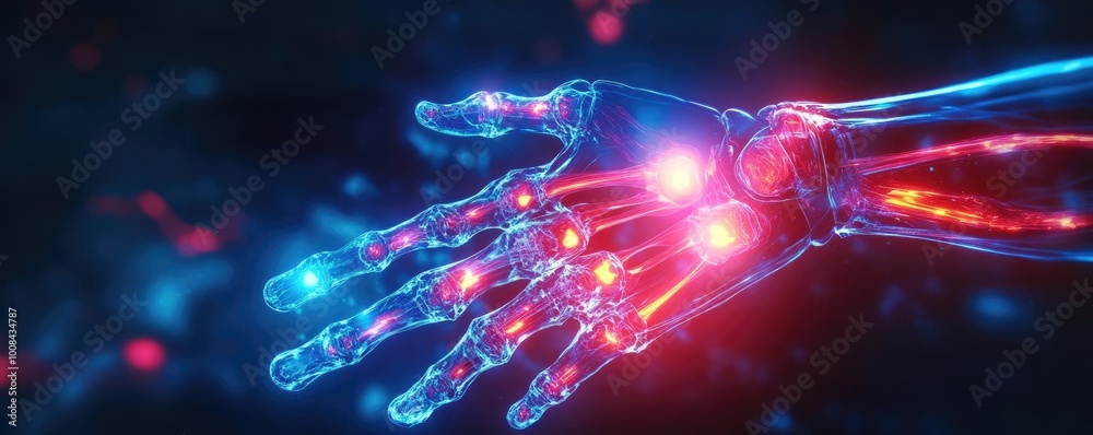 Poster Futuristic digital hand with glowing lights, symbolizing technology and innovation in robotics and artificial intelligence.
